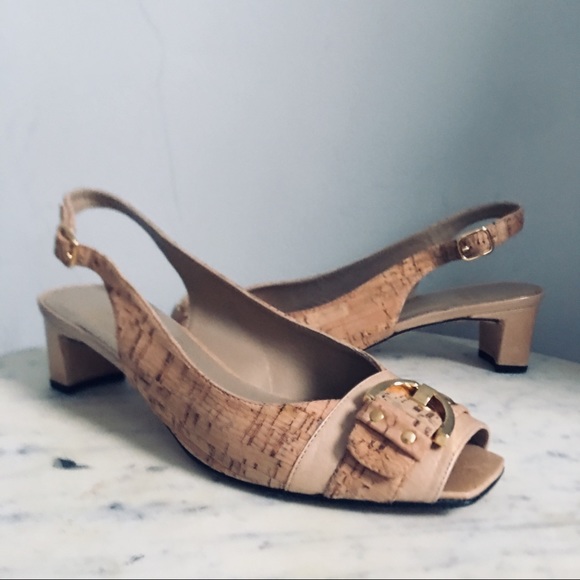 Stuart Weitzman Shoes - Stuart Weitzman Cork Gold Slingback Low Block Heel